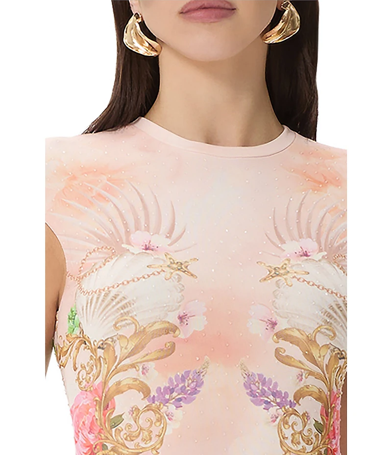 AFRM Cody Dew Drop Mesh Placement Printed Crew Neck Cap Sleeve Bodycon Maxi Dress