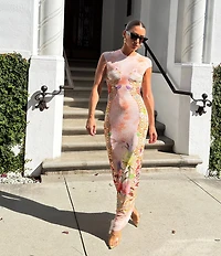 AFRM Cody Dew Drop Mesh Placement Printed Crew Neck Cap Sleeve Bodycon Maxi Dress