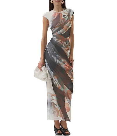 AFRM Cody Leaf Print Mesh Crew Neck Cap Sleeve Maxi Dress
