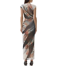 AFRM Cody Leaf Print Mesh Crew Neck Cap Sleeve Maxi Dress