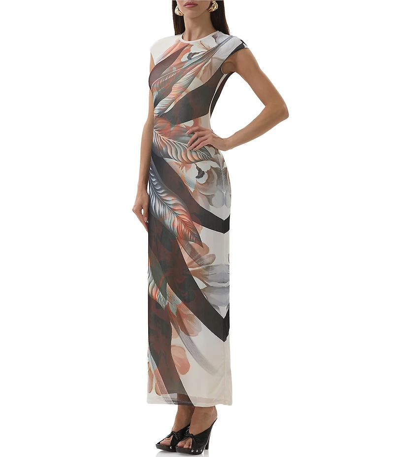 AFRM Cody Leaf Print Mesh Crew Neck Cap Sleeve Maxi Dress