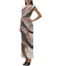 AFRM Cody Leaf Print Mesh Crew Neck Cap Sleeve Maxi Dress