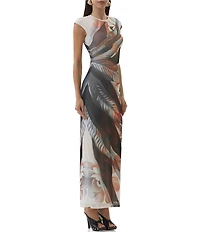 AFRM Cody Leaf Print Mesh Crew Neck Cap Sleeve Maxi Dress