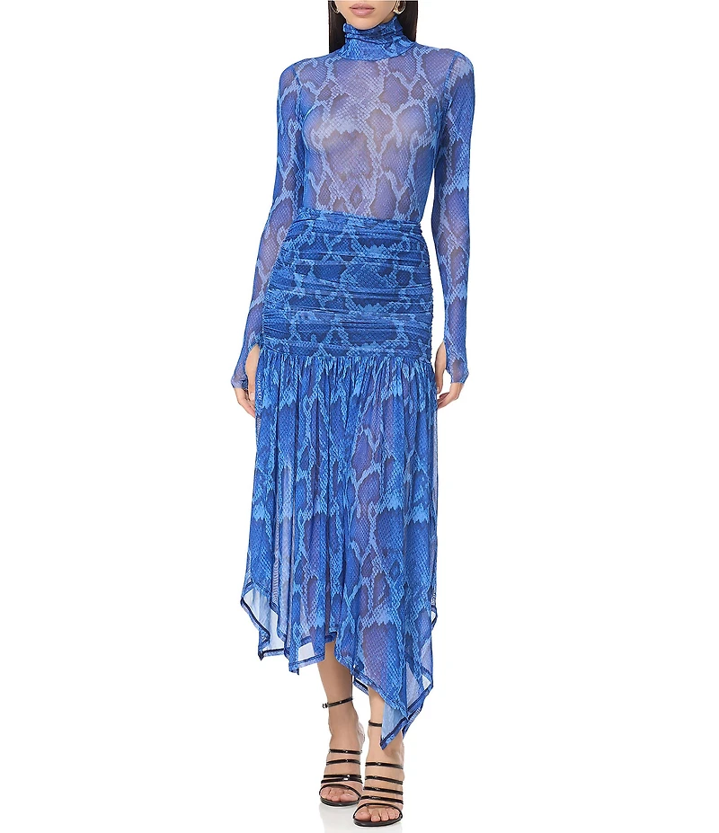 AFRM Coordinating Estella Shark Bite Snake Print Mesh Midi Skirt