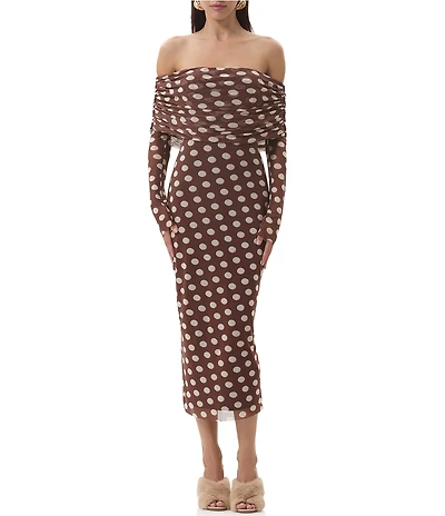 AFRM Cornelia Polka Dot Print Off-the-Shoulder Long Sleeve Mesh Midi Dress