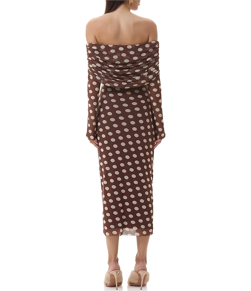 AFRM Cornelia Polka Dot Print Off-the-Shoulder Long Sleeve Mesh Midi Dress