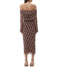 AFRM Cornelia Polka Dot Print Off-the-Shoulder Long Sleeve Mesh Midi Dress