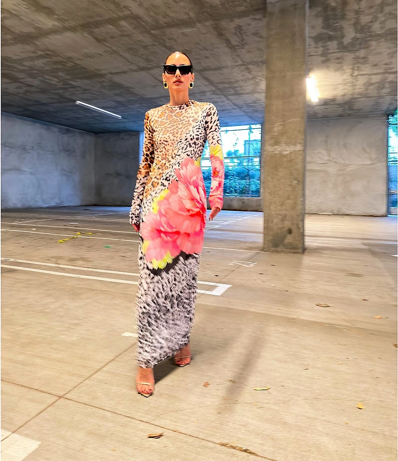 AFRM Didi Animal Floral Print Crew Neck Long Sleeve Mesh Maxi Dress