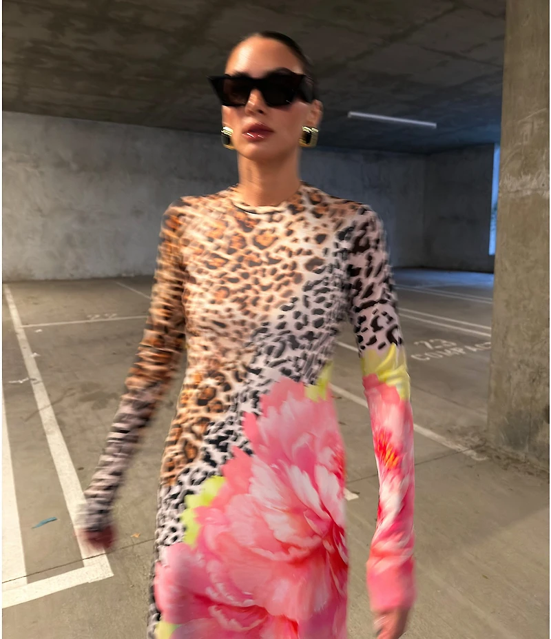 AFRM Didi Animal Floral Print Crew Neck Long Sleeve Mesh Maxi Dress