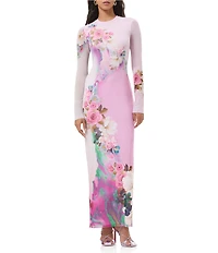 AFRM Didi Floral Print Crew Neckline Long Sleeve Mesh Maxi Dress