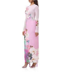 AFRM Didi Floral Print Crew Neckline Long Sleeve Mesh Maxi Dress