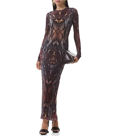 AFRM Didi Snake Print Crew Neck Long Sleeve Mesh Dress