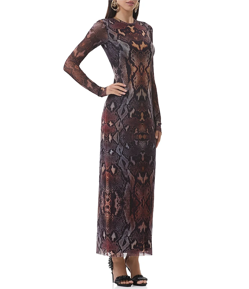 AFRM Didi Snake Print Crew Neck Long Sleeve Mesh Dress