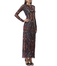 AFRM Didi Snake Print Crew Neck Long Sleeve Mesh Dress