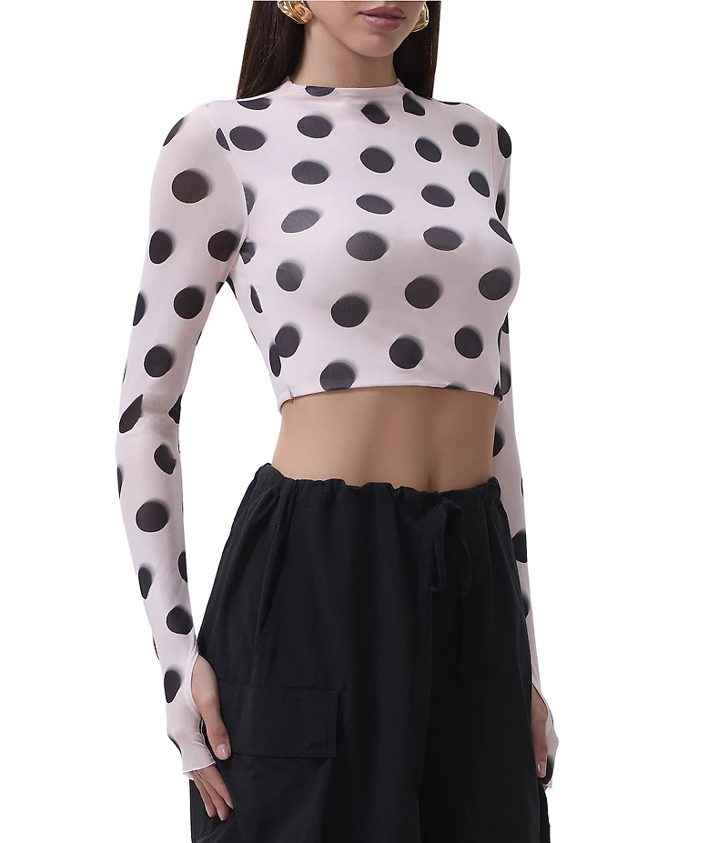AFRM Eleni Dot Pattern Mock Neck Long Sleeve Mesh Knit Top