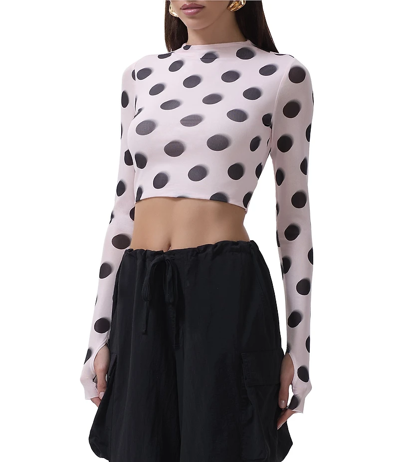 AFRM Eleni Dot Pattern Mock Neck Long Sleeve Mesh Knit Top