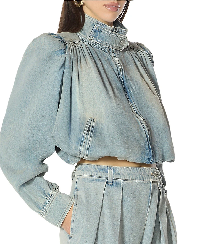 AFRM Galli Gathered Denim Collared Long Sleeve Coordinating Crop Jacket