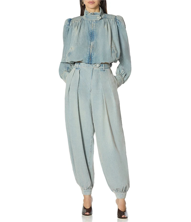 AFRM Galli Gathered Denim Collared Long Sleeve Coordinating Crop Jacket