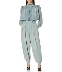 AFRM Galli Gathered Denim Collared Long Sleeve Coordinating Crop Jacket