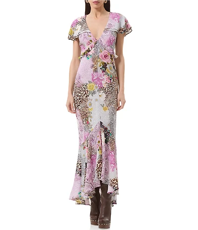 AFRM Hemant Animal And Floral Print V-Neck Short Flutter Sleeve High-Low Dress