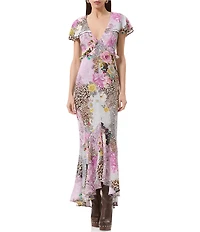 AFRM Hemant Animal And Floral Print V-Neck Short Flutter Sleeve High-Low Dress