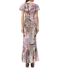 AFRM Hemant Animal And Floral Print V-Neck Short Flutter Sleeve High-Low Dress