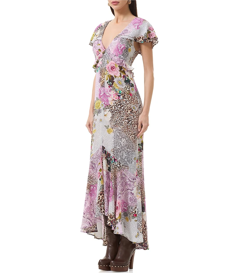 AFRM Hemant Animal And Floral Print V-Neck Short Flutter Sleeve High-Low Dress