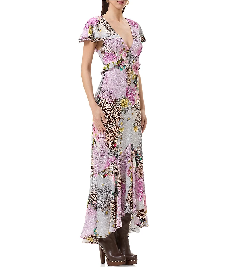 AFRM Hemant Animal And Floral Print V-Neck Short Flutter Sleeve High-Low Dress