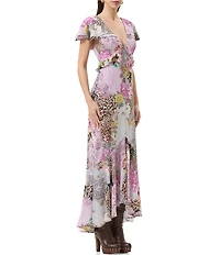 AFRM Hemant Animal And Floral Print V-Neck Short Flutter Sleeve High-Low Dress