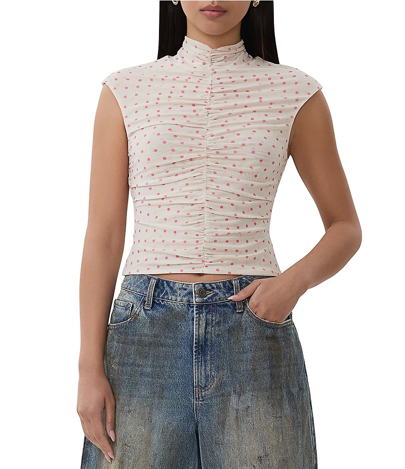 AFRM Jolie Dot Print Mesh Knit Ruched Mock Neck Short Sleeve Top
