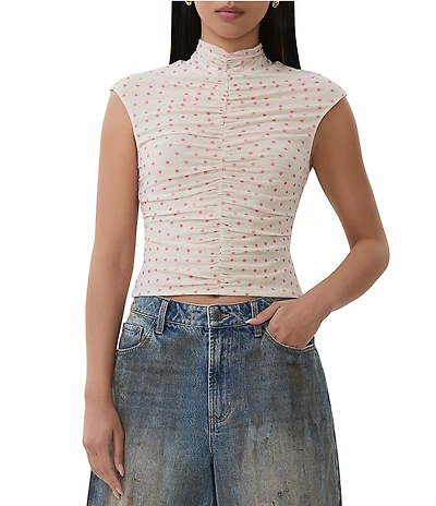 AFRM Jolie Dot Print Mesh Knit Ruched Mock Neck Short Sleeve Top
