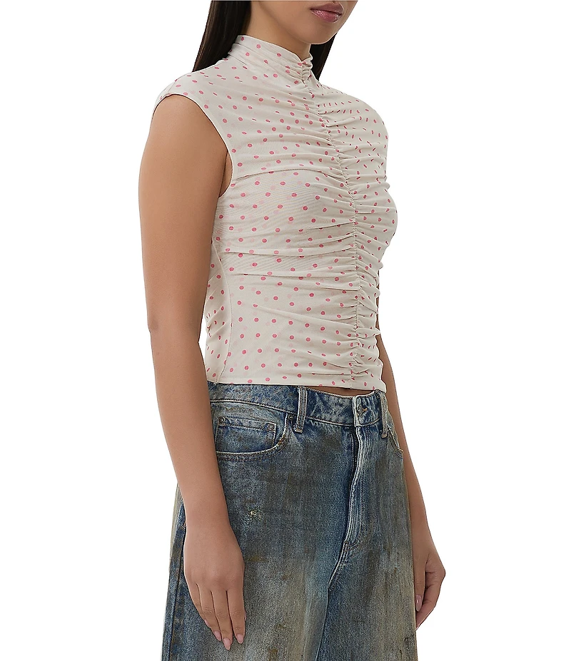 AFRM Jolie Dot Print Mesh Knit Ruched Mock Neck Short Sleeve Top