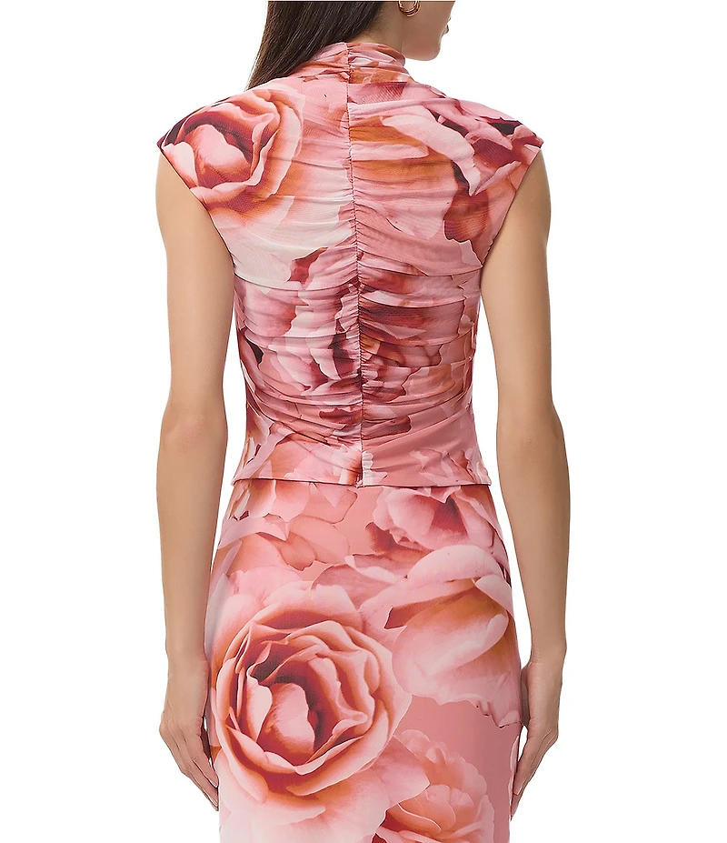 AFRM Jolie Coordinating Floral Print Mock Neck Mesh Cap Sleeve Ruched Top