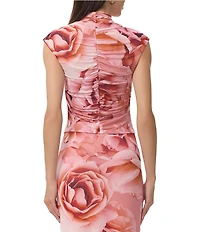 AFRM Jolie Coordinating Floral Print Mock Neck Mesh Cap Sleeve Ruched Top