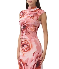 AFRM Jolie Coordinating Floral Print Mock Neck Mesh Cap Sleeve Ruched Top