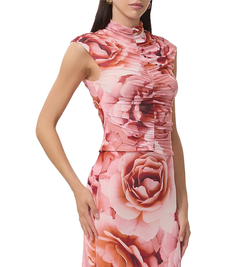 AFRM Jolie Coordinating Floral Print Mock Neck Mesh Cap Sleeve Ruched Top