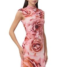 AFRM Jolie Coordinating Floral Print Mock Neck Mesh Cap Sleeve Ruched Top