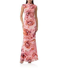 AFRM Jolie Coordinating Floral Print Mock Neck Mesh Cap Sleeve Ruched Top