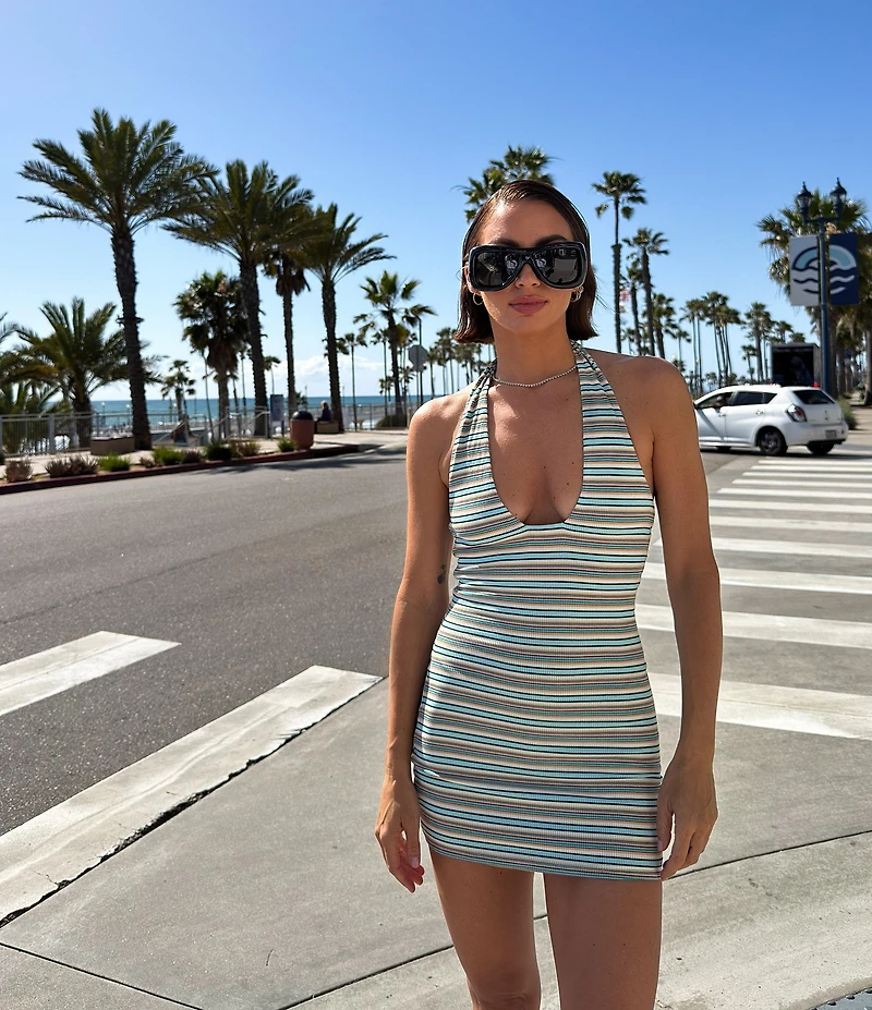 AFRM Karima Striped V-Neck Sleeveless Cozy Rib Mini Dress