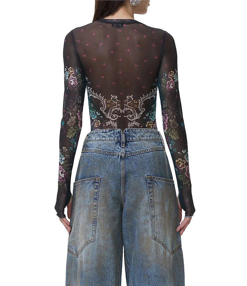 AFRM Kaylee Baroque Floral Print Crew Neck Long Sleeve Mesh Top