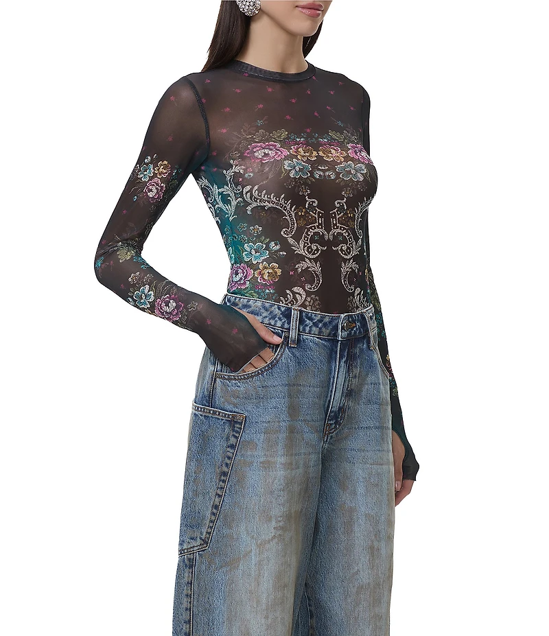 AFRM Kaylee Baroque Floral Print Crew Neck Long Sleeve Mesh Top