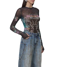 AFRM Kaylee Baroque Floral Print Crew Neck Long Sleeve Mesh Top