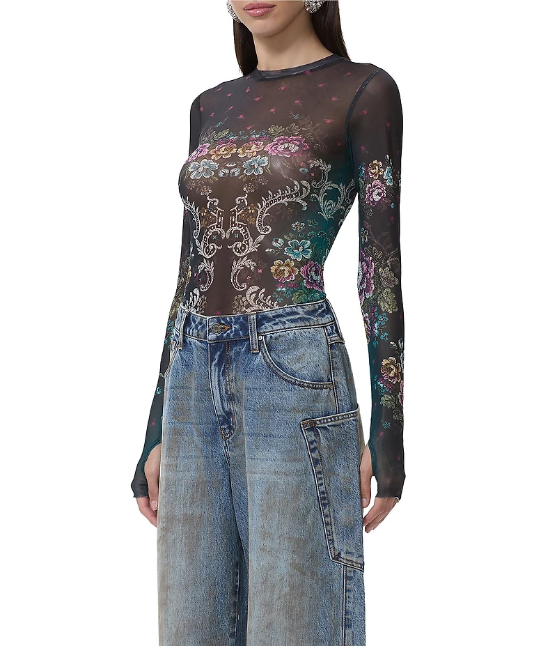 AFRM Kaylee Baroque Floral Print Crew Neck Long Sleeve Mesh Top