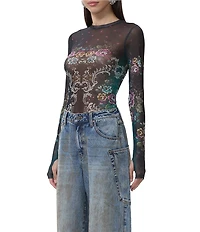 AFRM Kaylee Baroque Floral Print Crew Neck Long Sleeve Mesh Top