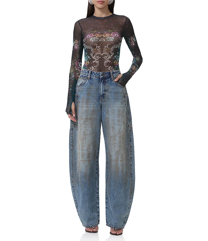 AFRM Kaylee Baroque Floral Print Crew Neck Long Sleeve Mesh Top