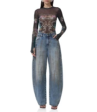 AFRM Kaylee Baroque Floral Print Crew Neck Long Sleeve Mesh Top