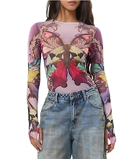 AFRM Kaylee Butterfly Printed Crew Neck Long Sleeve Mesh Top