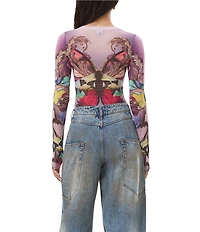 AFRM Kaylee Butterfly Printed Crew Neck Long Sleeve Mesh Top
