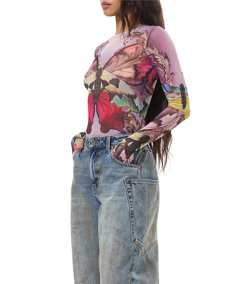 AFRM Kaylee Butterfly Printed Crew Neck Long Sleeve Mesh Top