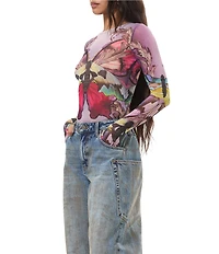 AFRM Kaylee Butterfly Printed Crew Neck Long Sleeve Mesh Top